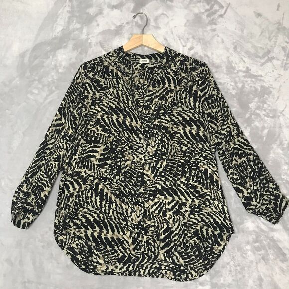 L'Agence Top Womens Large Black Tan Silk Button Front 3/4 Sleeve V Neck Blouse - Picture 1 of 12